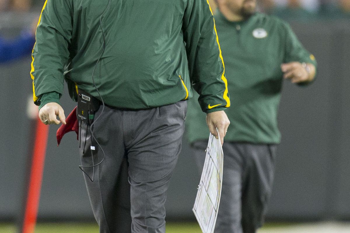 Sep 13, 2012; Green Bay, WI, USA;  Green Bay Packers head coach Mike McCarthy looks on during the game against the Chicago Bears at Lambeau Field.  The Packers defeated the Bears 23-10.  Mandatory Credit: Jeff Hanisch-US PRESSWIRE