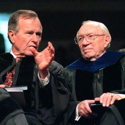 Former U.S. President George H.W. Bush and LDS Church President Gordon B. Hinckley talk at the Southern Utah University Centennial.