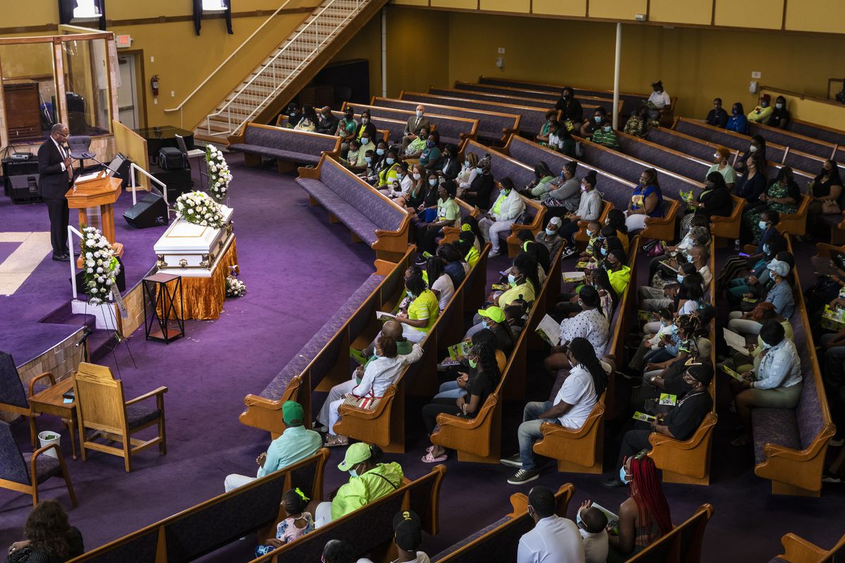 Rev. Eric Thomas speaks during the funeral for 13-year-old Jamari Dent at Greater Harvest Baptist Church at 5141 S. State St. in Washington Park on the South Side, Tuesday, June 22, 2021. His family said he suffered permanent brain damage in a suicide attempt in 2019 after months of bullying by Chicago Public Schools staff and students.