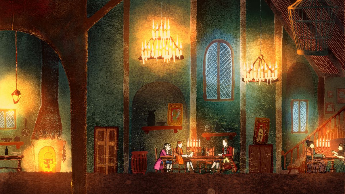 three small characters sit at a table in a high-ceilinged room with huge chandeliers