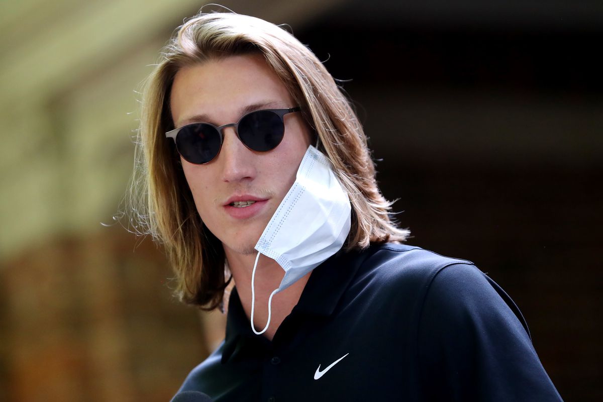 Clemson quarterback Trevor Lawrence addresses the media before the “March for Change” protest at Bowman Field on June 13, 2020 in Clemson, South Carolina.