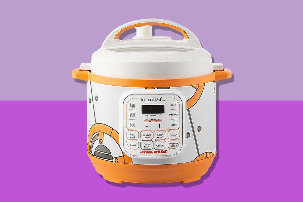 A product shot of the BB-8 Instant Pot on a two-tone purple background