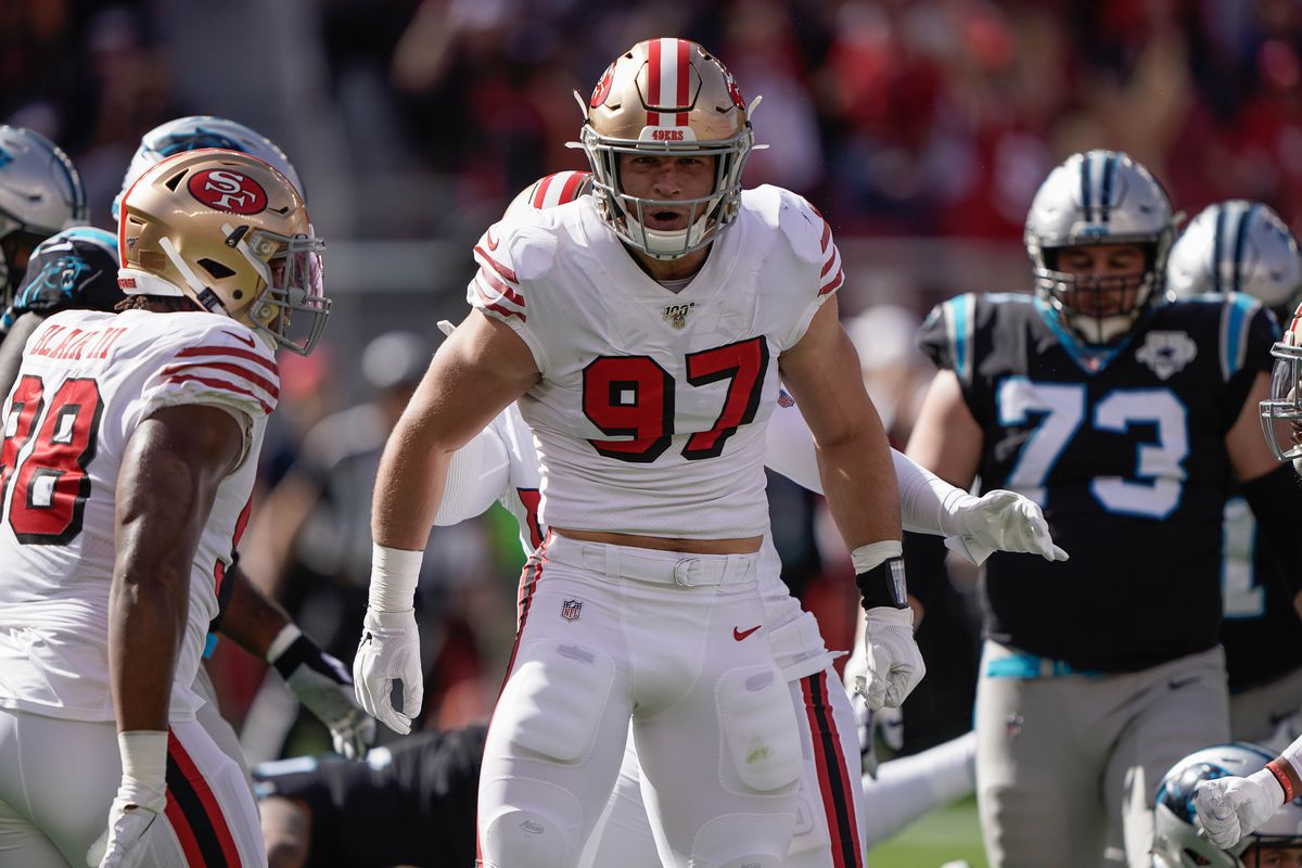 San Francisco 49ers defensive end Nick Bosa reacts after sacking Carolina Panthers quarterback Kyle Allen (not pictured) during the first quarter at Levi’s Stadium.