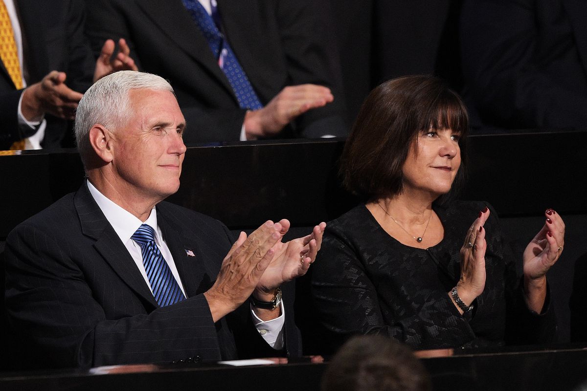 Republican vice presidential candidate Indiana Gov. Mike Pence, along with his, wife Karen Pence, during the second night of the convention.