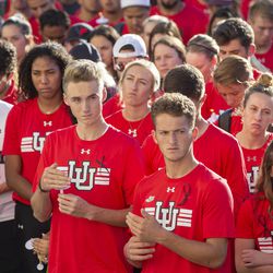 Student athletes and fellow students gather at the Park Building at the University of Utah for a vigil for Lauren McCluskey on Wednesday, Oct. 24, 2018. McCluskey was killed Monday October 22, 2018.