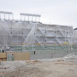 View of the inner bleacher wall, under construction in the right-field corner