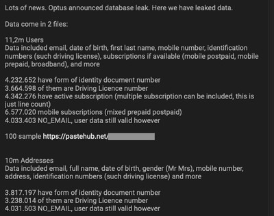 Screenshot from Breached hacking forum from a person claiming to be the Optus hacker, listing data from 11.2 million user accounts for sale.