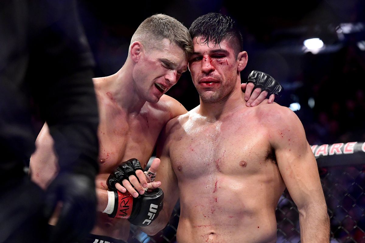 Stephen Thompson of the United States embraces Vicente Luque of the United States after their Welterweight bout during UFC 244 at Madison Square Garden on November 02, 2019 in New York City.