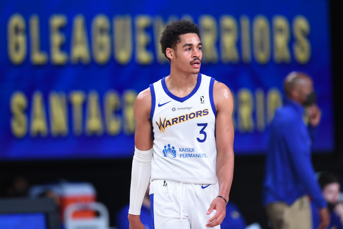 Jordan Poole #3 of the Santa Cruz Warriors looks on during the game on February 15, 2021 at AdventHealth Arena in Orlando, Florida.&nbsp;