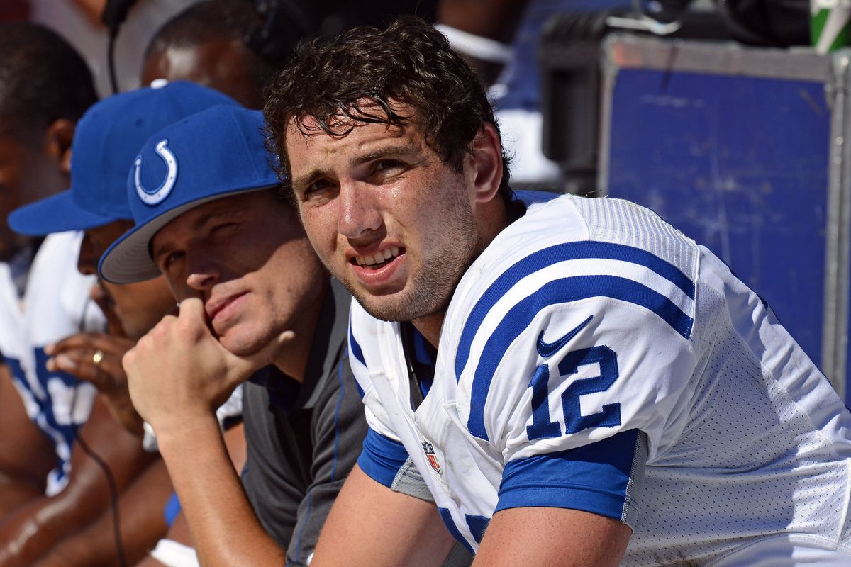 Sep 09, 2012; Chicago, IL, USA; Indianapolis Colts quarterback Andrew Luck (12) sits on the bench against the Chicago Bears during the fourth quarter at Soldier Field. Chicago defeats Indianapolis 41-21. Mandatory Credit: Mike DiNovo-US PRESSWIRE