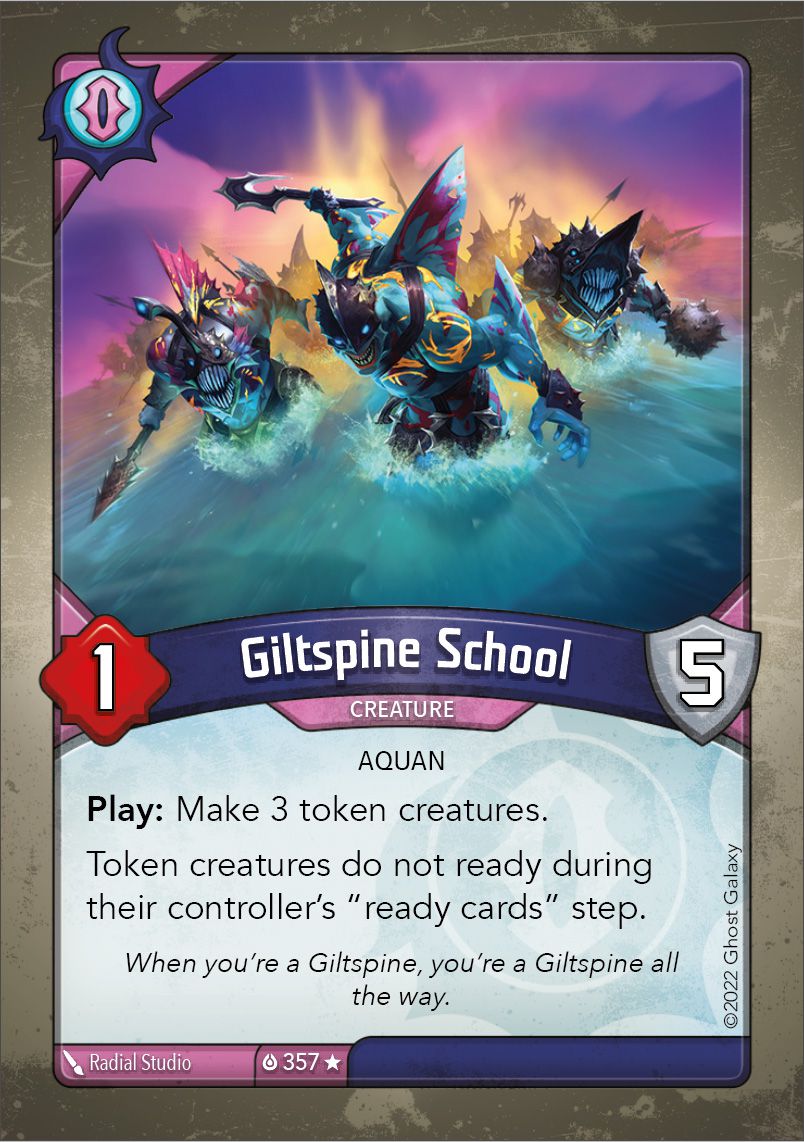 A card called Giltspine School features a mob of spiny creatures lunging at the player.