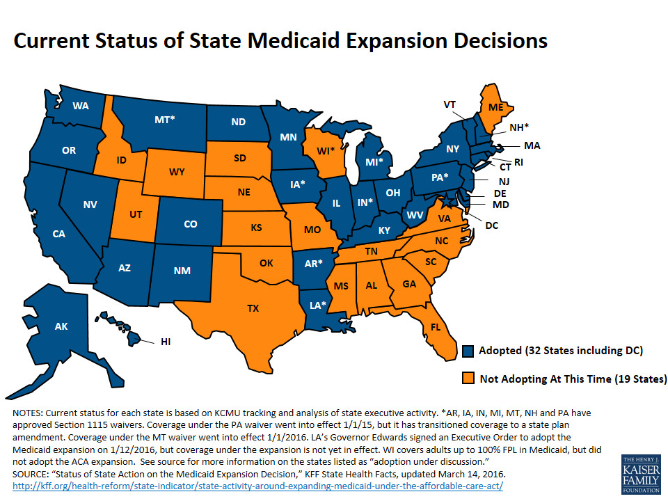 A map of the states that have and haven’t done the Medicaid expansion.