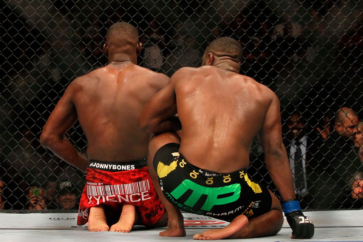 ATLANTA, GA - APRIL 21:  Rashad Evans (R) reacts after being defeated by Jon Jones in a unanimous decision in their light heavyweight title bout for UFC 145 at Philips Arena on April 21, 2012 in Atlanta, Georgia.  (Photo by Kevin C. Cox/Getty Images)
