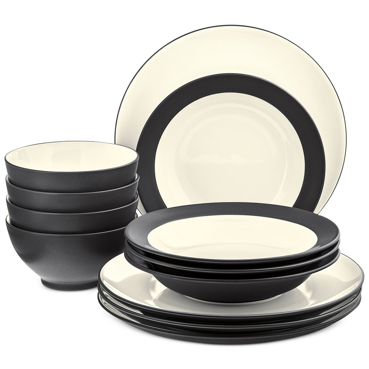 A stack of plates and bowls with black rims. 