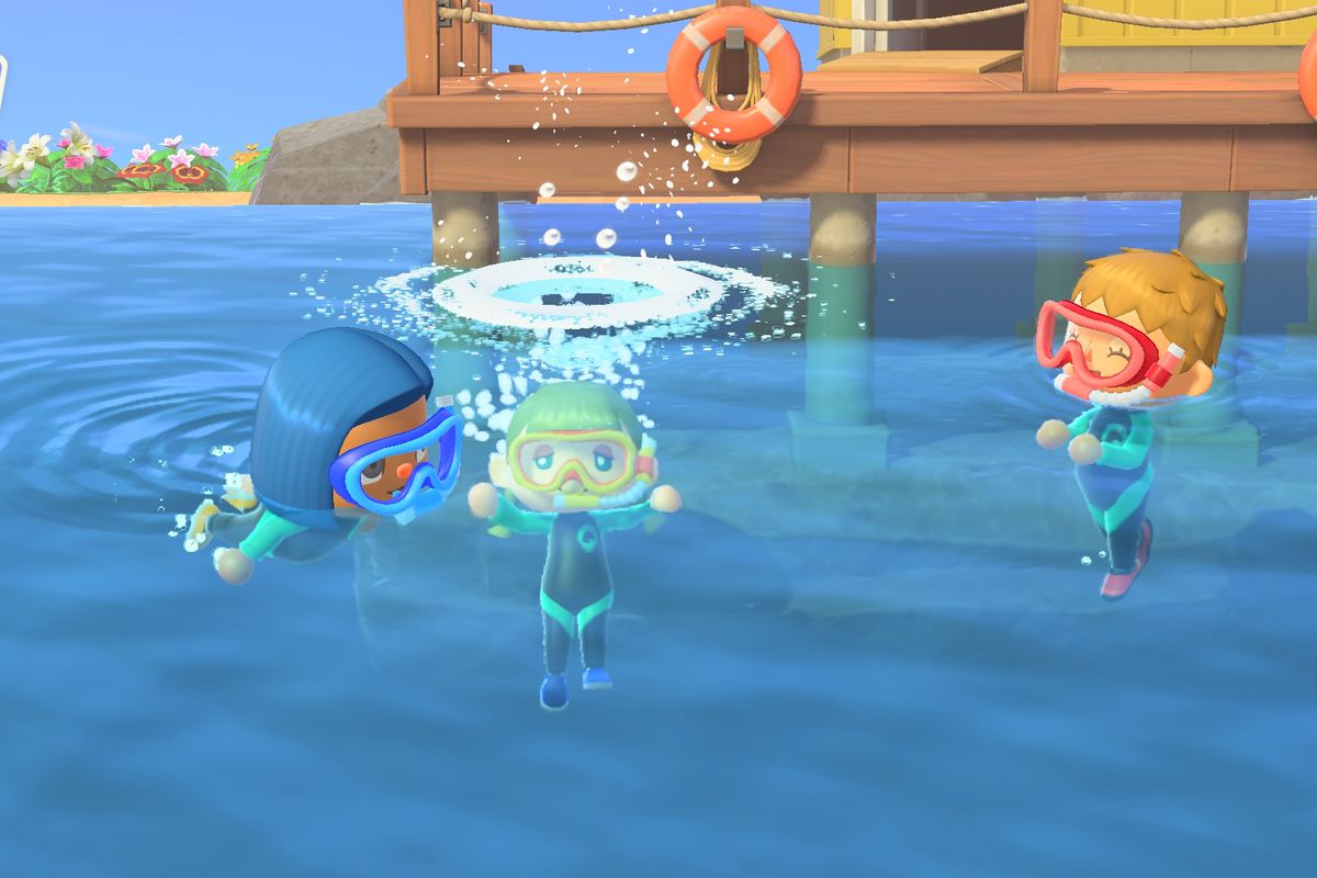 Swimming in Animal Crossing New Horizons.