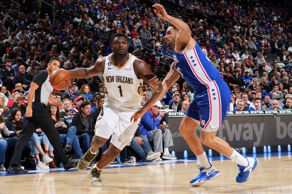 Zion Williamson of the New Orleans Pelicans dribbles the ball during the game against the Philadelphia 76ers on January 2, 2023 at the Wells Fargo Center in Philadelphia, Pennsylvania&nbsp;