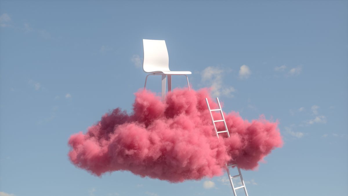 A fluffy pink cloud hovers against a blue sky. Atop the cloud is a white chair, and leaning against the cloud is a white ladder leading to the chair.