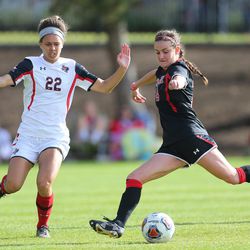 Texas Tech's Rebekah O'Brien (22) tries to defend Utah's Taylor Slattery (14) the University of Utah defeated Texas Tech 1-0 in NCAA Tournament soccer action in Salt Lake City on Saturday, Nov. 12, 2016.