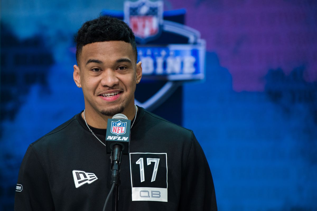Alabama quarterback Tua Tagovailoa answers questions from the media during the NFL Scouting Combine on February 25, 2020 at the Indiana Convention Center in Indianapolis, IN.