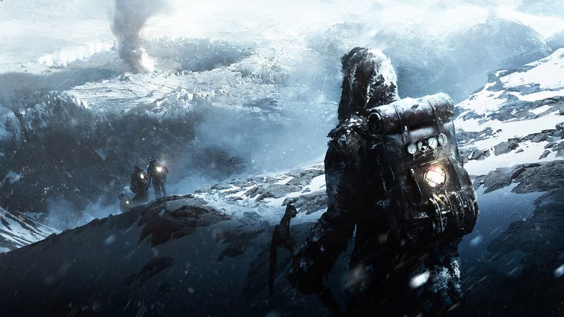 Frostpunk - person trailing behind group walking across glacier