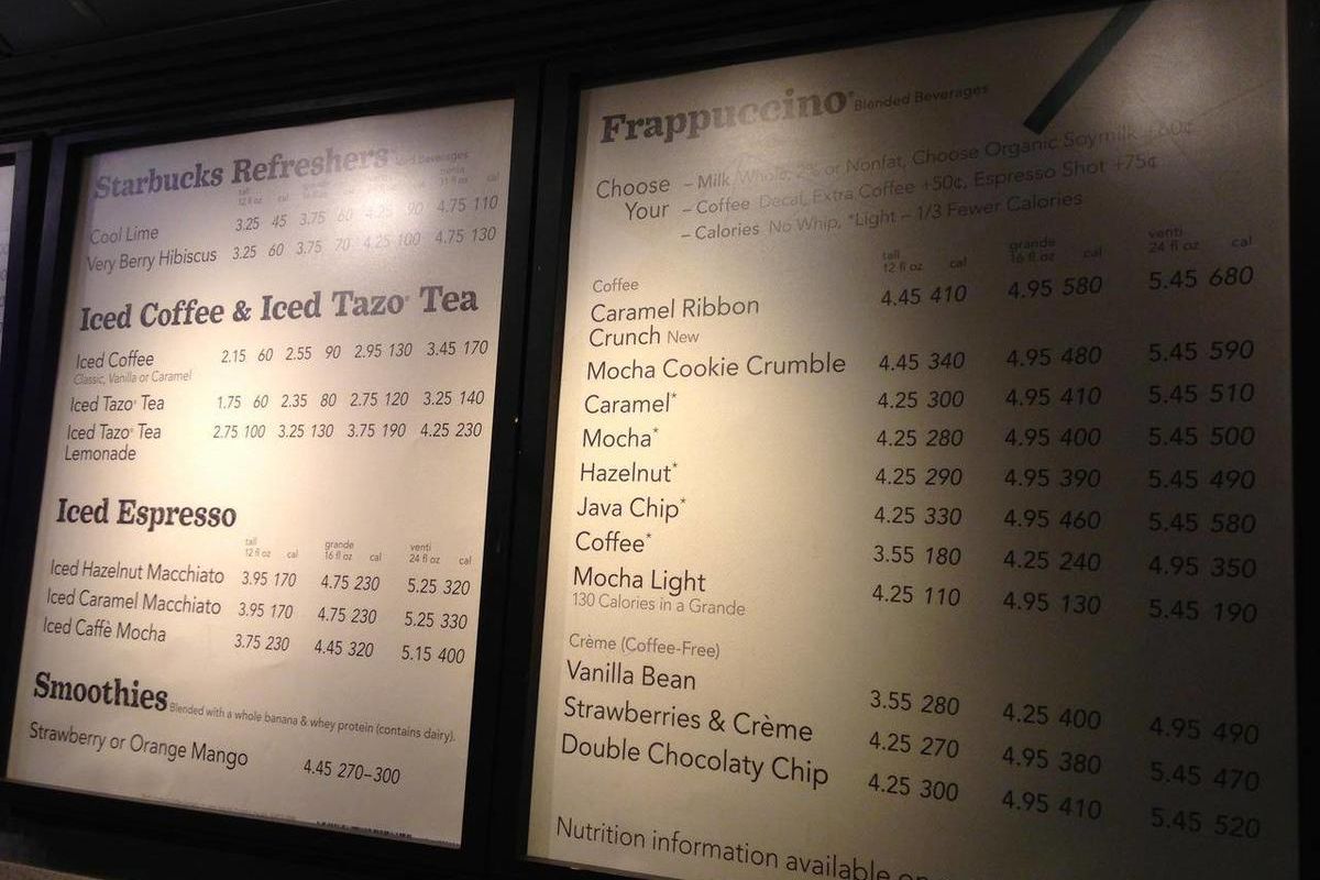 In this Monday, June 17, 2013 photo, a menu board showing calorie counts hangs at a Starbucks in New York. The Seattle-based coffee chain says it will start posting calorie counts on menu boards nationwide next week, ahead of a federal regulation that wou