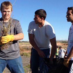 Football players from Union High School clean up weeds as a service project in Roosevelt, Monday, Sept. 23, 2013.