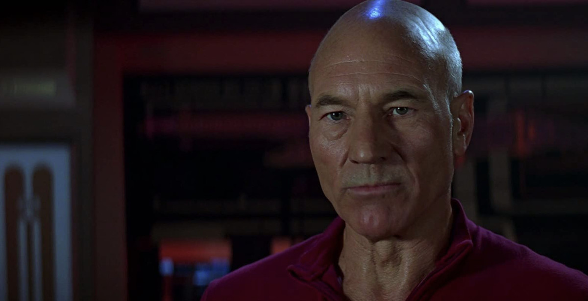 Patrick Steward as a frowning Picard in Star Trek: First Contact.