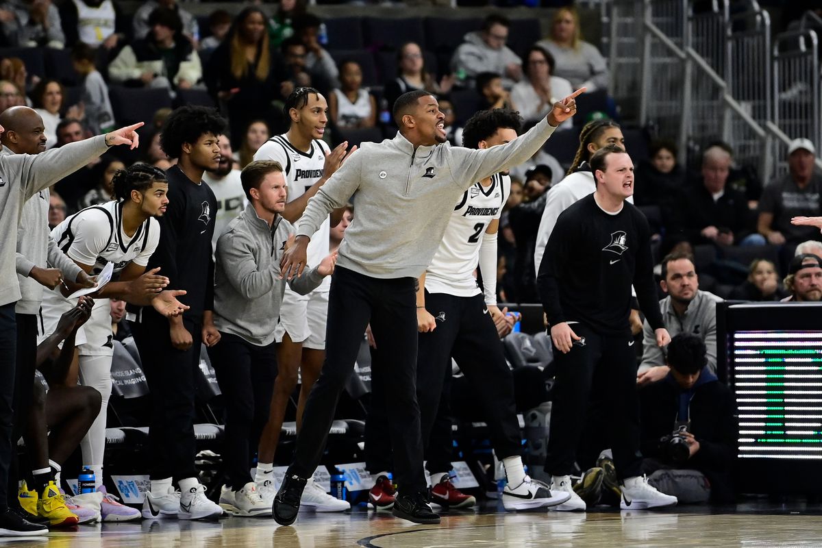 Nov 14, 2023; Providence, Rhode Island, USA; Providence Friars head coach Kim English reacts to a play against the Wisconsin Badgers during the second half at Amica Mutual Pavilion.
