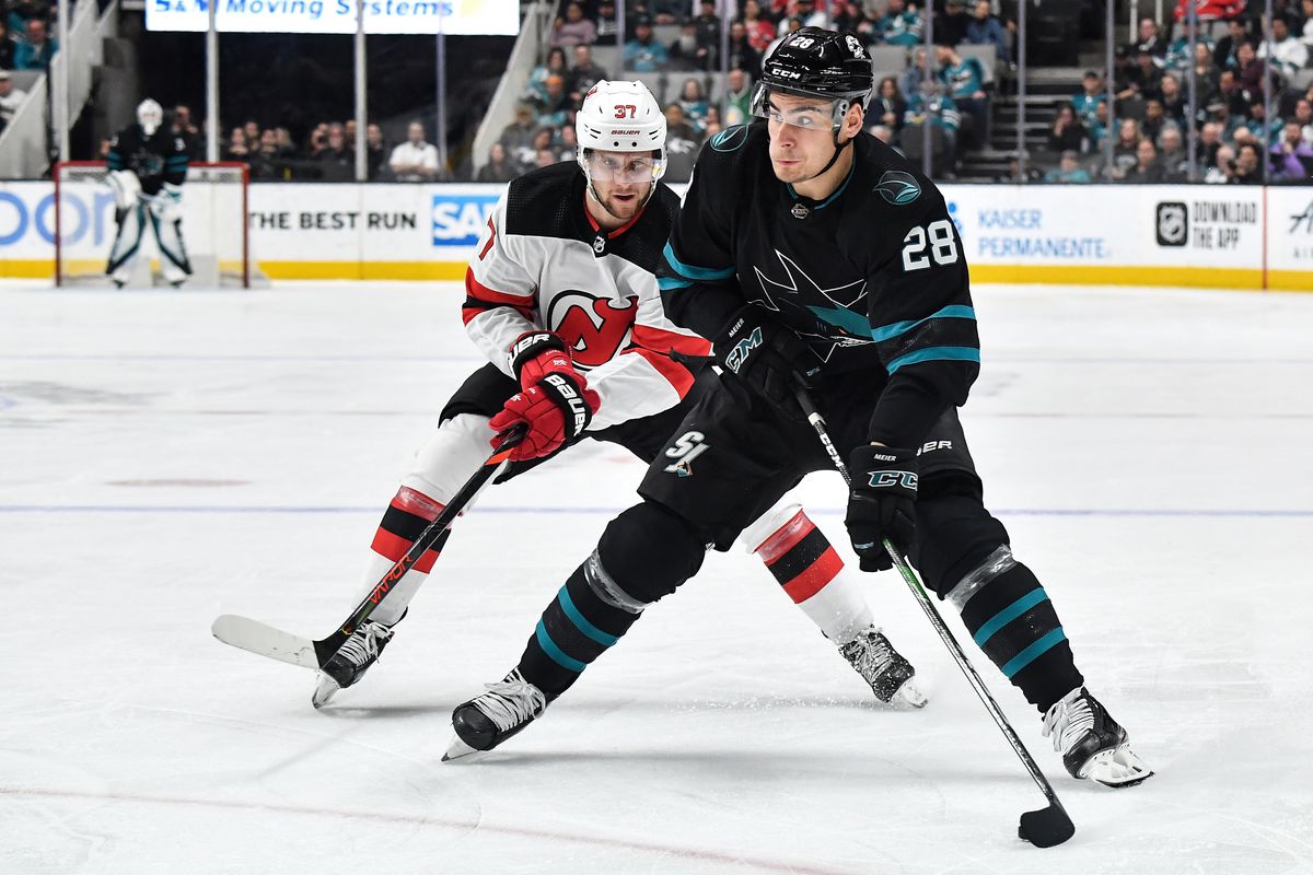 Timo Meier #28 of the San Jose Sharks skates ahead with the puck against Pavel Zacha #37 of the New Jersey Devils at SAP Center on February 27, 2020 in San Jose, California.