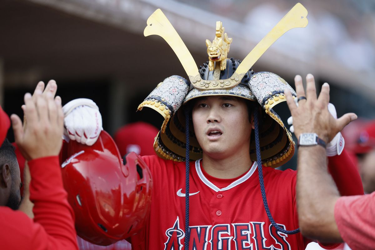 Shohei Ohtani of the Los Angeles Angels celebrates after hitting a solo home run against the Detroit Tigers during the fourth inning of game two of a doubleheader at Comerica Park on July 27, 2023 in Detroit, Michigan.