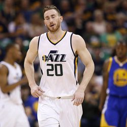 Utah Jazz forward Gordon Hayward (20) grimaces during the second round of the NBA playoffs and game 3 in Salt Lake City on Saturday, May 6, 2017. The Warriors won, 102-91.