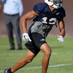Micah Simon practices with the football team at BYU in Provo on Monday, July 31, 2017.