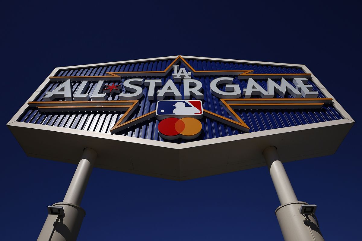 The MLB All-Star game logo at Dodger Stadium on July 10, 2022 in Los Angeles, California.