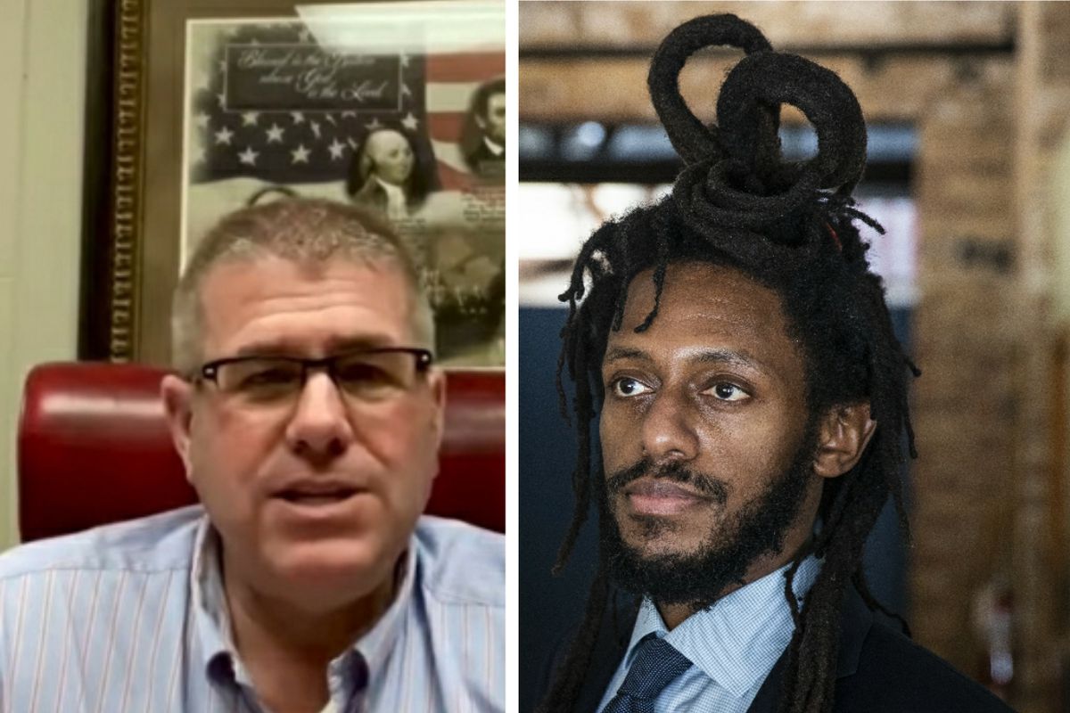 State Sen. Darren Bailey, R-Xenia, left, in May; State Sen. Mike Simmons, D-Chicago, right, in February.