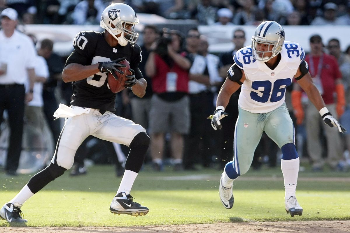 Oakland Raiders wide receiver Rod Streater (80) carries the ball against Dallas Cowboys defensive back Mana Silva (36)