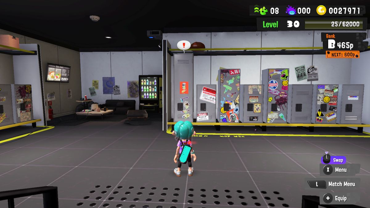 Inkling standing in front of the biggest locker in Splatoon 3 with an exclamation point over top of it. Many stickers