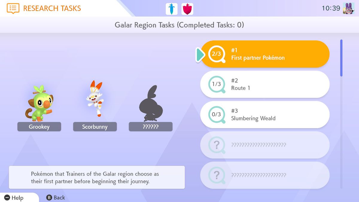A purple menu screen displaying a Grookey, Scorbunny, and the silhouette of a Sobble