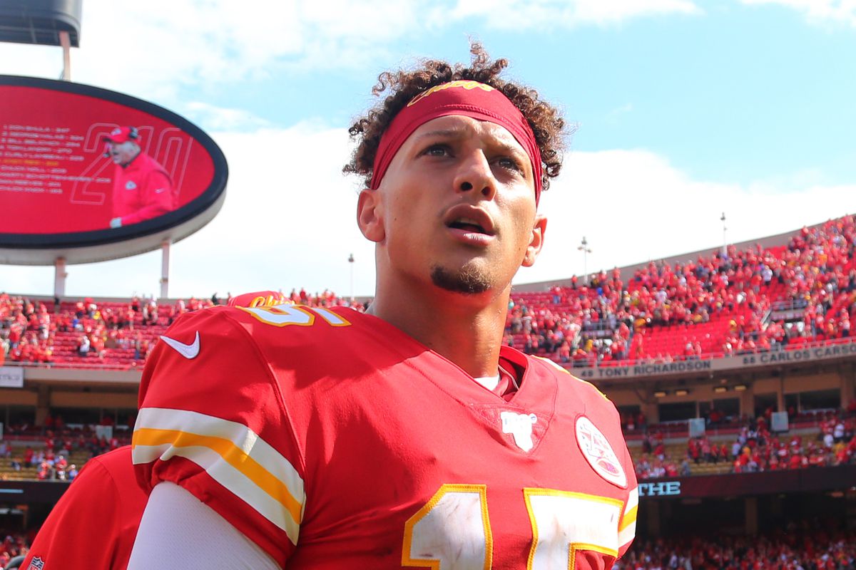 Kansas City Chiefs quarterback Patrick Mahomes leaves the field after defeating the Baltimore Ravens at Arrowhead Stadium.