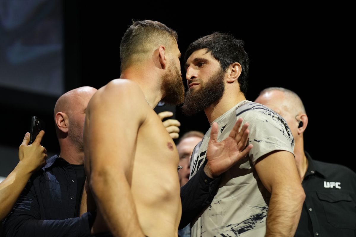 Opponents Jan Blachowicz of Poland and Magomed Ankalaev of Russia face off during the UFC 282 ceremonial weigh-in at MGM Grand Garden Arena on December 09, 2022 in Las Vegas, Nevada.