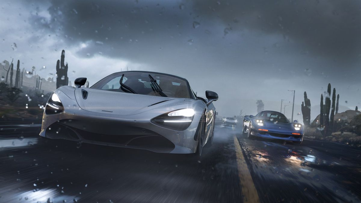 A car drives through the rain in Forza Horizon 5