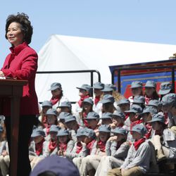 Transportation Secretary Elaine Chao speaks during the Golden Spike Sesquicentennial Celebration and Festival at Promontory Summit  on Friday, May 10, 2019.