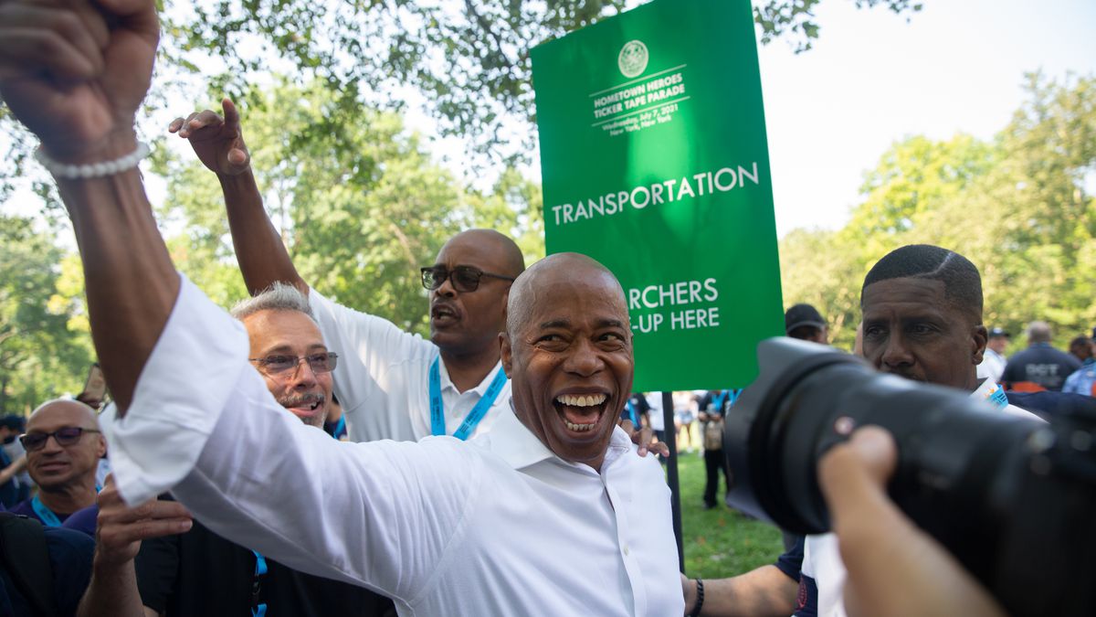 A jubilant Eric Adams greets revelers at the Hometown Heroes Parade in Lower Manhattan, July 7, 2021.