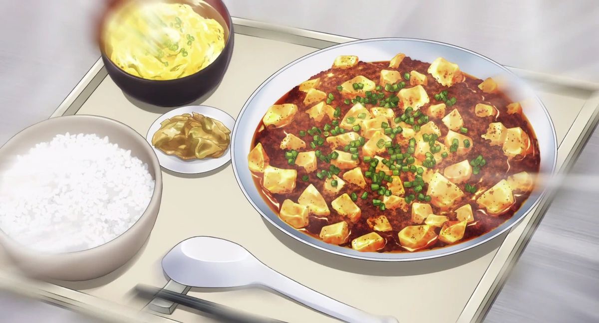 A bowl of mapo tofu on a plate of rice and noodles in Food Wars! Shokugeki no Soma: The Third Plate.