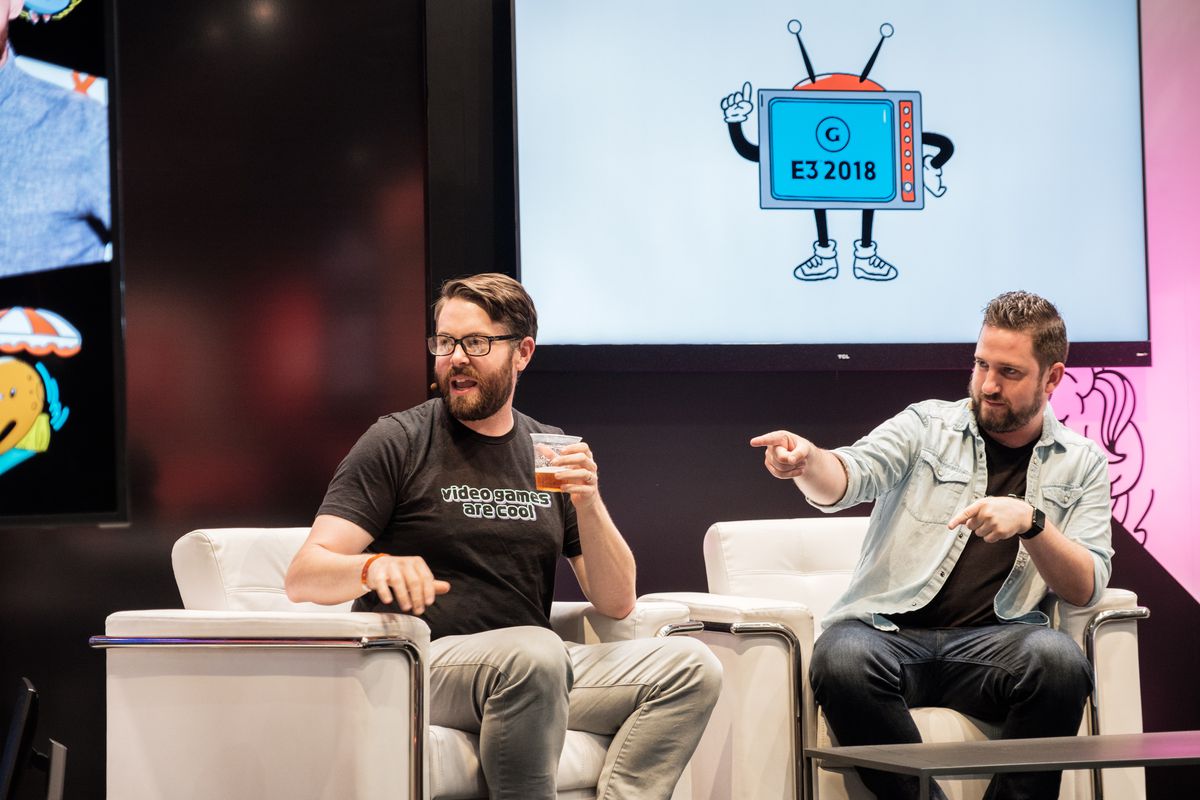 Greg Miller and Tim Gettys of Kinda Funny, hosting a GameSpot show at E3 2018