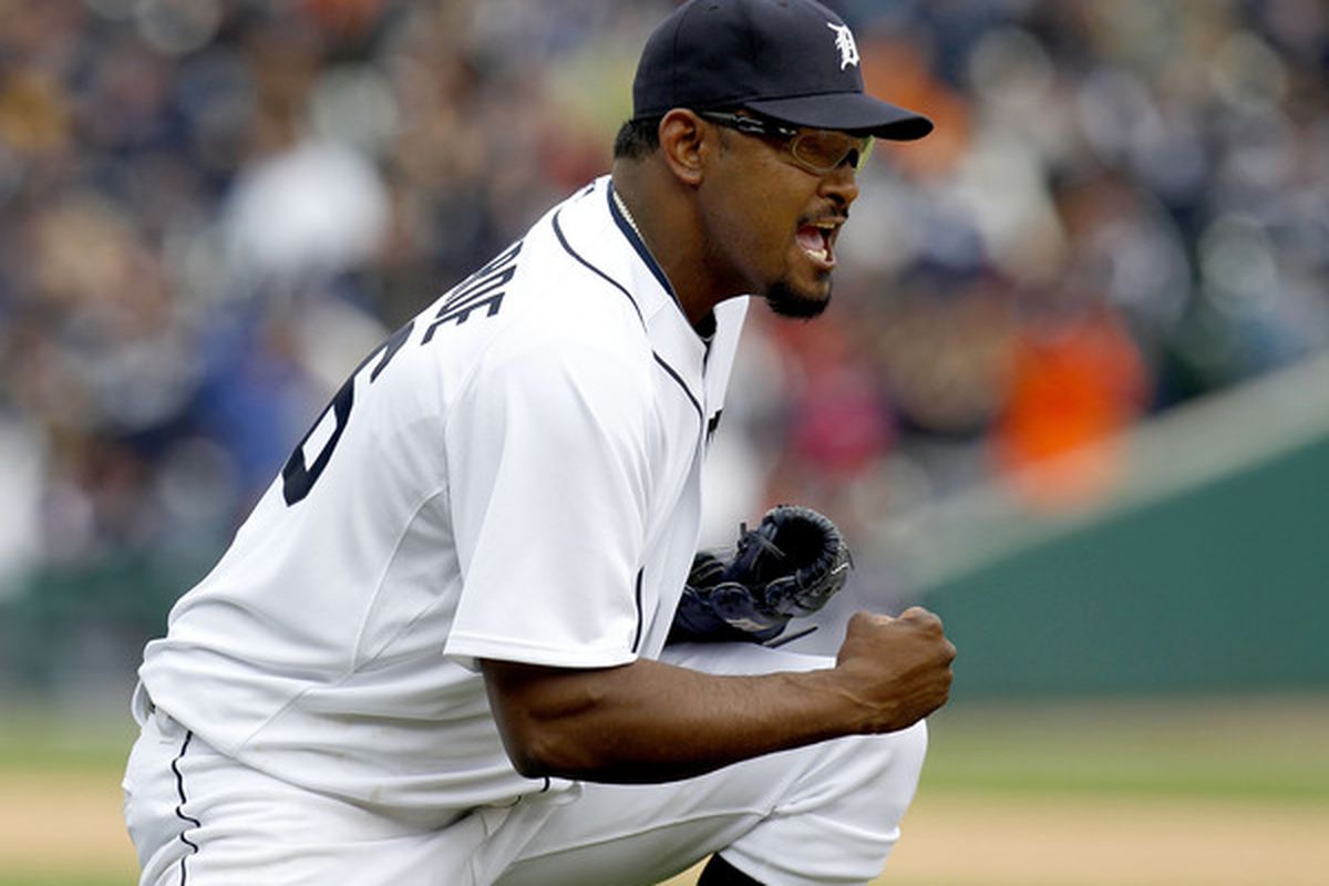 DETROIT - APRIL 09:  Jose Valverde #46 of the Detroit Tigers reacts after the final out to beat the Cleveland Indians 5-2 during Opening Day on April 9, 2010 at Comerica Park in Detroit, Michigan.  (Photo by Gregory Shamus/Getty Images)