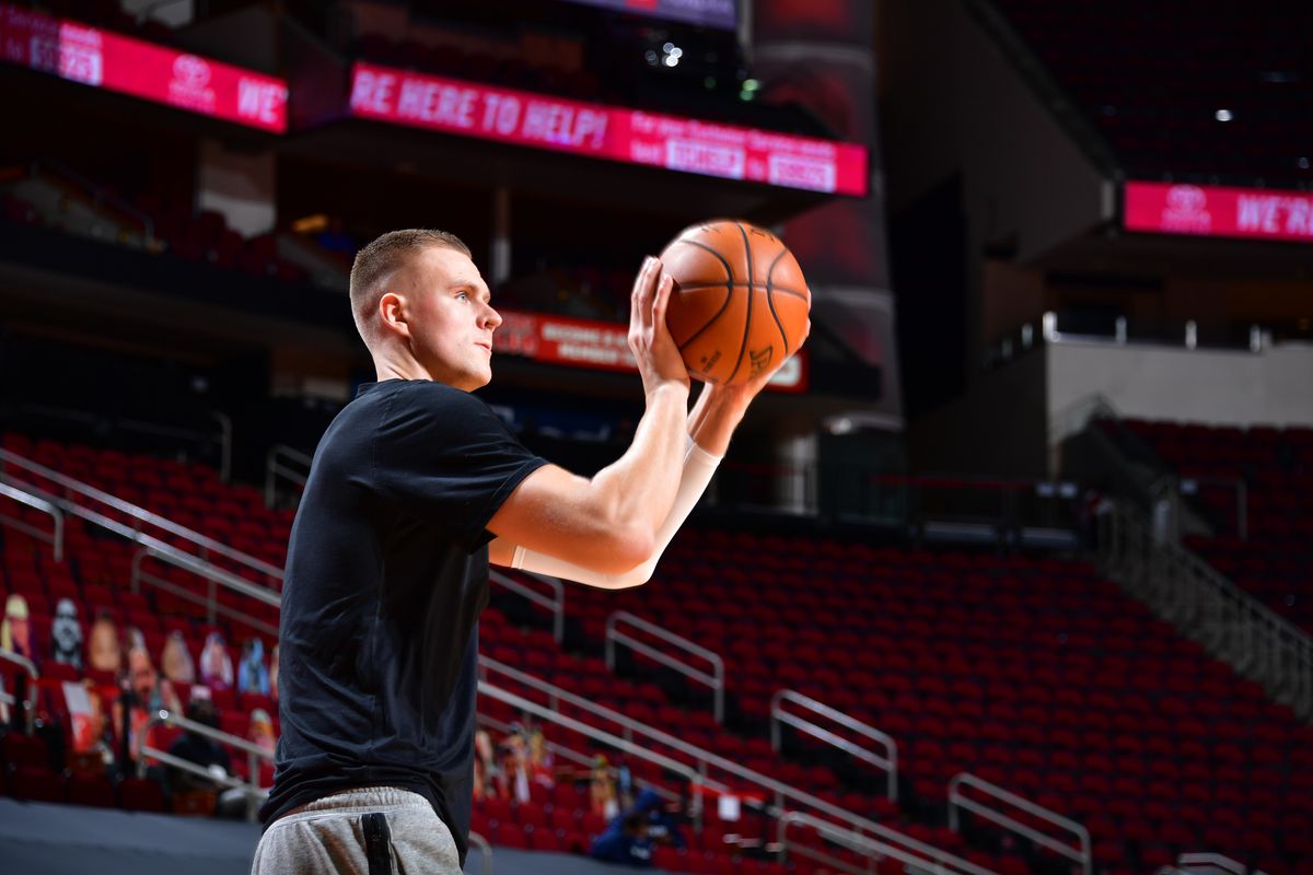Kristaps Porzingis of the Dallas Mavericks warms up before the game against the Houston Rockets on January 4, 2021 at the Toyota Center in Houston, Texas.