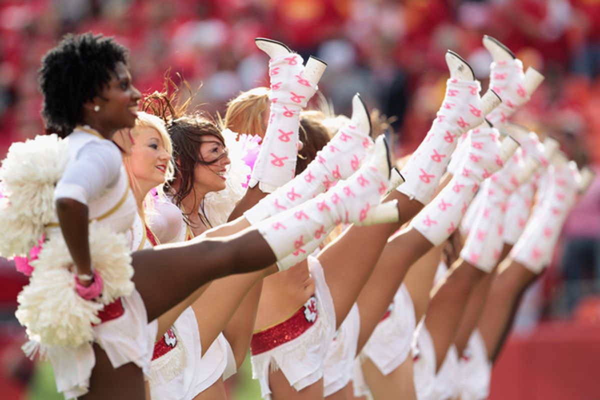 KANSAS CITY MO - OCTOBER 24:  Kansas City Chiefs cheerleaders perform during the game against the Jacksonville Jaguars on October 24 2010 at Arrowhead Stadium in Kansas City Missouri.  (Photo by Jamie Squire/Getty Images)