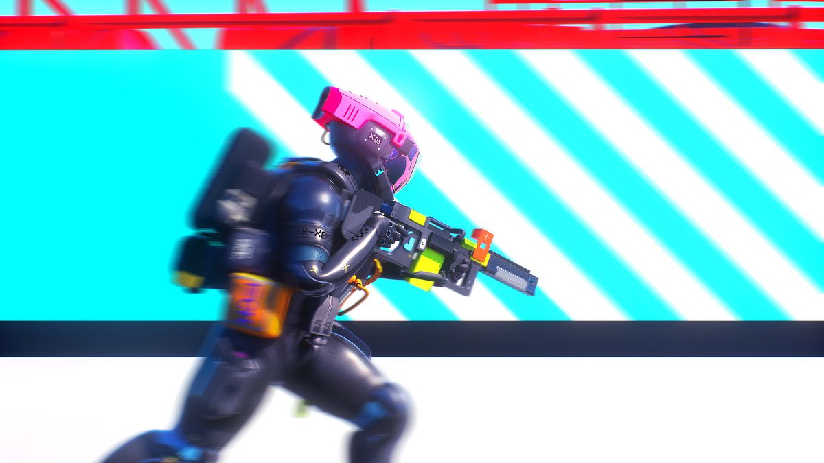A future soldier carrying a gun runs past a brightly colored geometric background