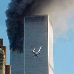 A jet airliner is lined up on one of the World Trade Center towers in New York Tuesday, Sept. 11, 2001. In the most devastating terrorist onslaughts ever waged against the United States, knife-wielding hijackers crashed two airliners into the World Trade Center on Tuesday, toppling its twin 110-story towers.