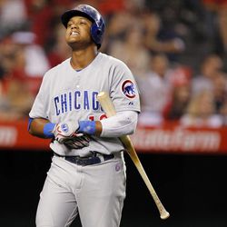Chicago Cubs shortstop Starlin Castro reacts to hitting a foul ball for an out against the Los Angeles Angels in the sixth inning during an interleague baseball game Tuesday, June 4, 2013, in Anaheim, Calif.  